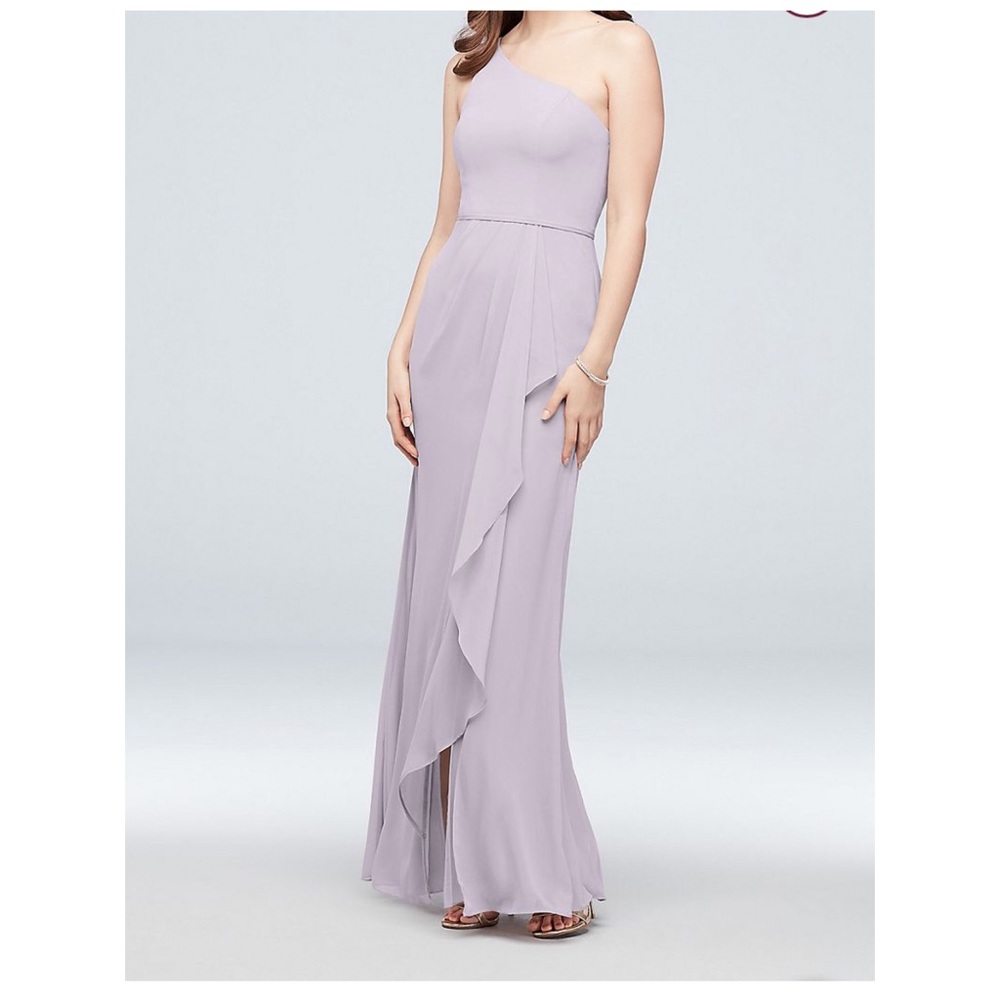 DAVIDS BRIDAL LAVENDER PURPLE LONG ONE SHOULDER BRIDESMAID DRESS
